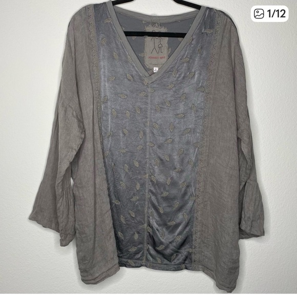 Johnny Was Tops - Johnny Was Boho Feather Embroidered V Neck Quarter Sleeve Blouse T Shirt Top